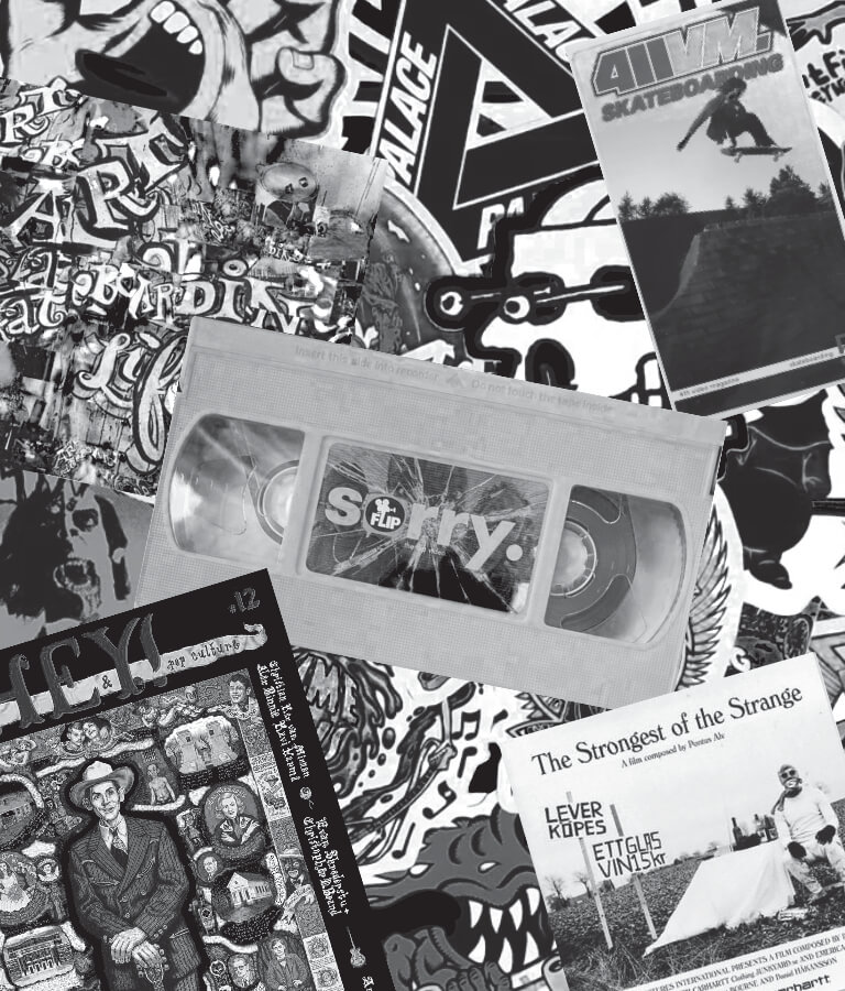 collection d'images inspirantes pour mon travail créatif, une vieille vidéo de skate et des magazines d'art