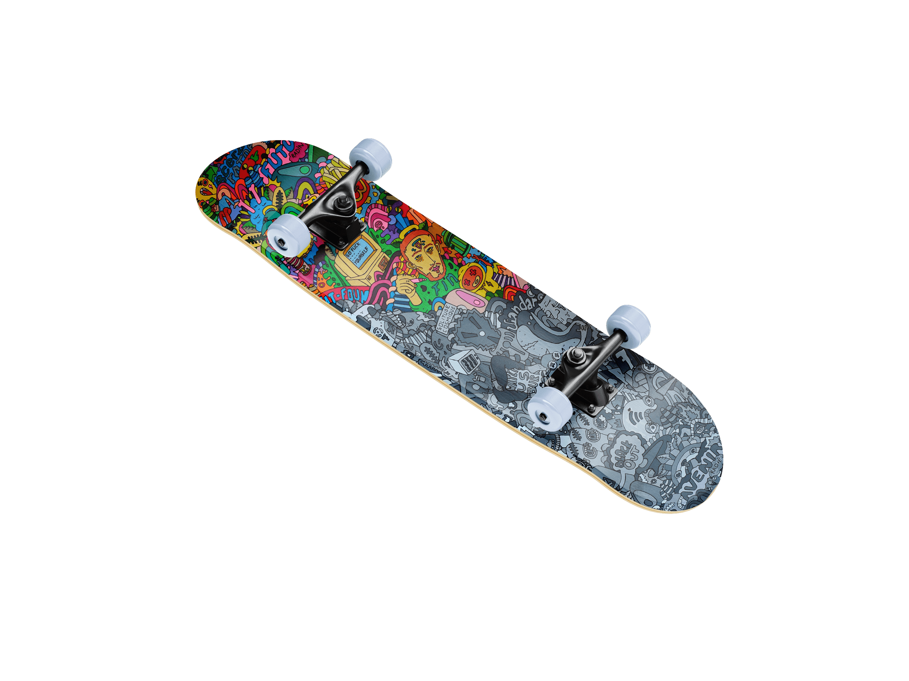 Photographie d'une planche de skateboard vue du dessous avec les motifs déssinés de Thomas Pestre
