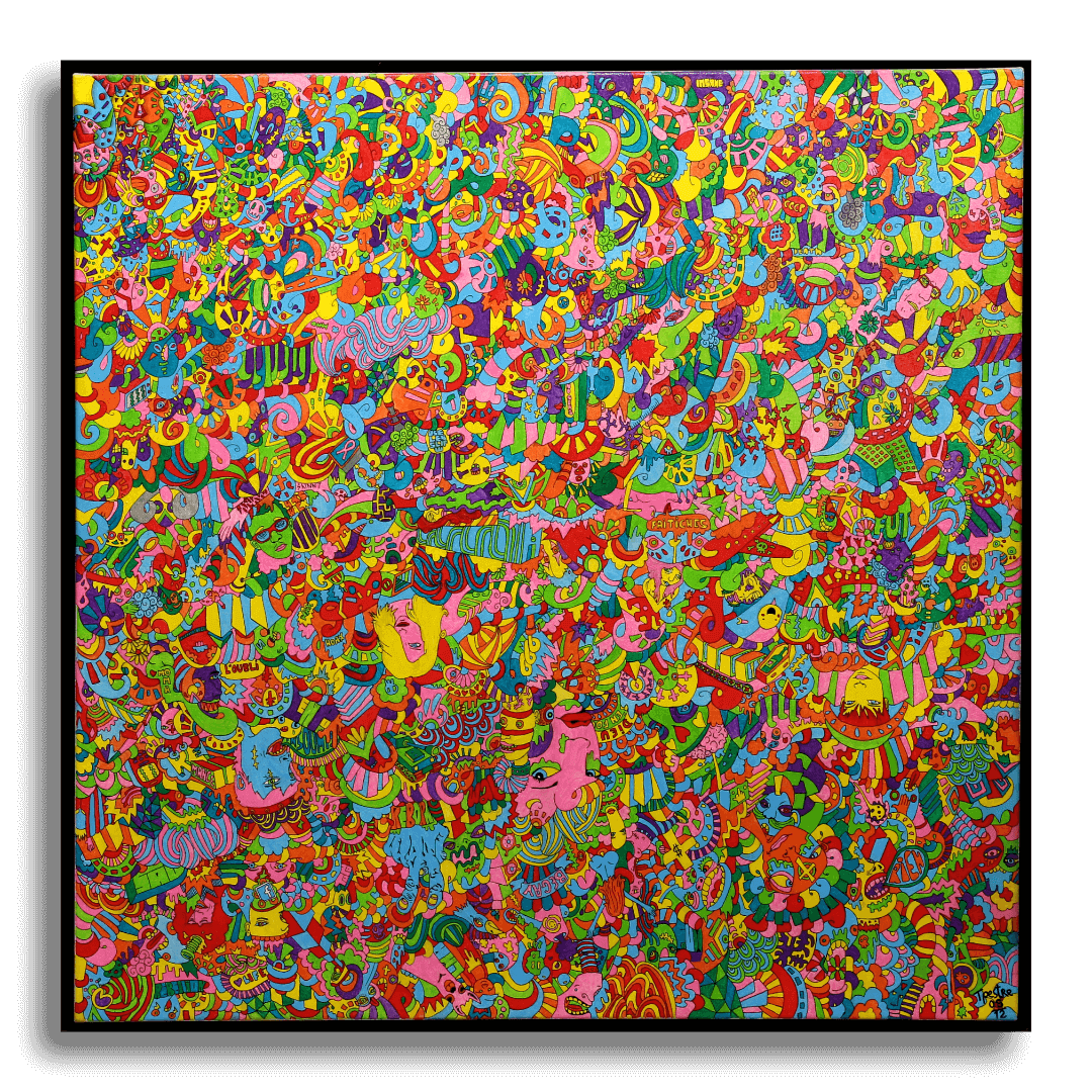 Tableau qui représente un une accumulation de motifs colorés.