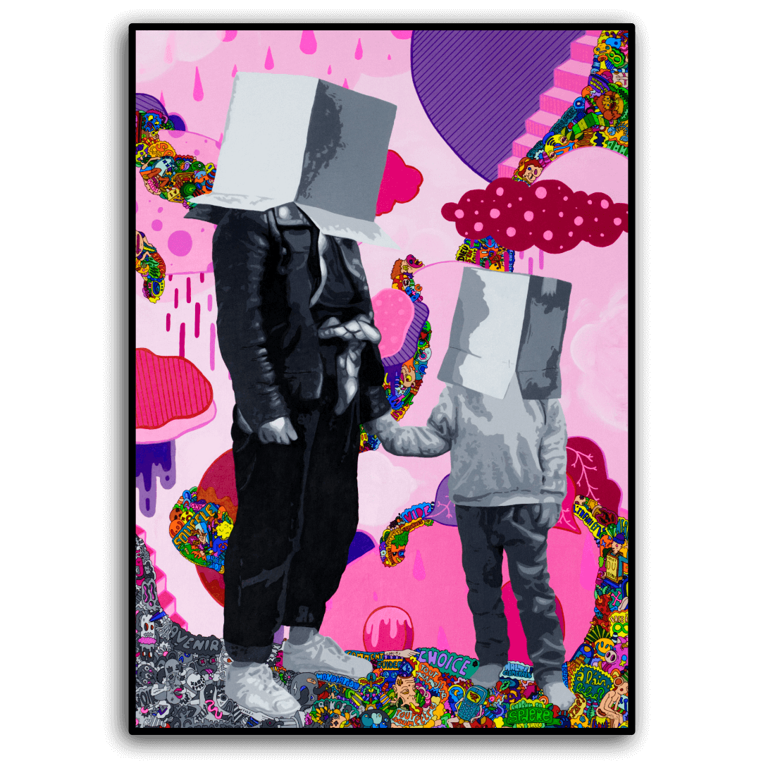 tableau grand format dans le style de Thomas Pestre, deux personnages avec leur tête dans un carton qui se tiennent la main.