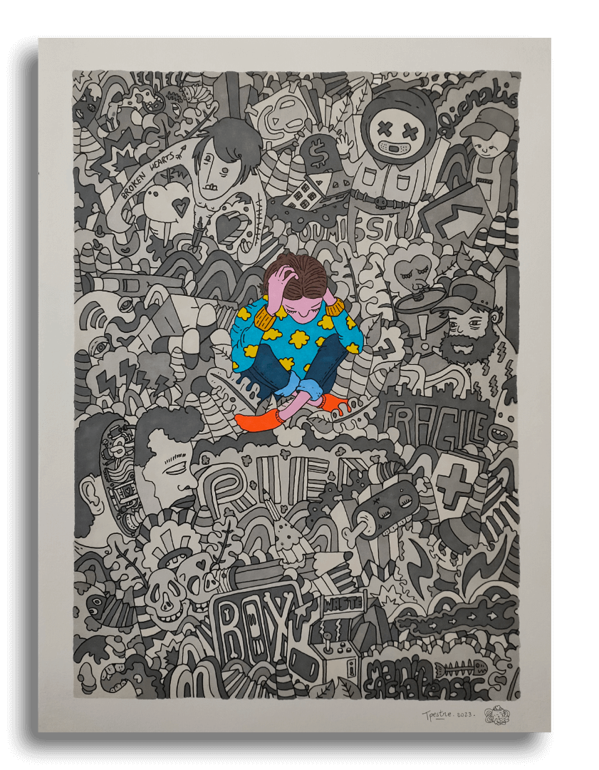 Dessin en noir et blanc dans le style de Thomas Pestre avec un personnage en couleur au milieu qui est recroquevillé