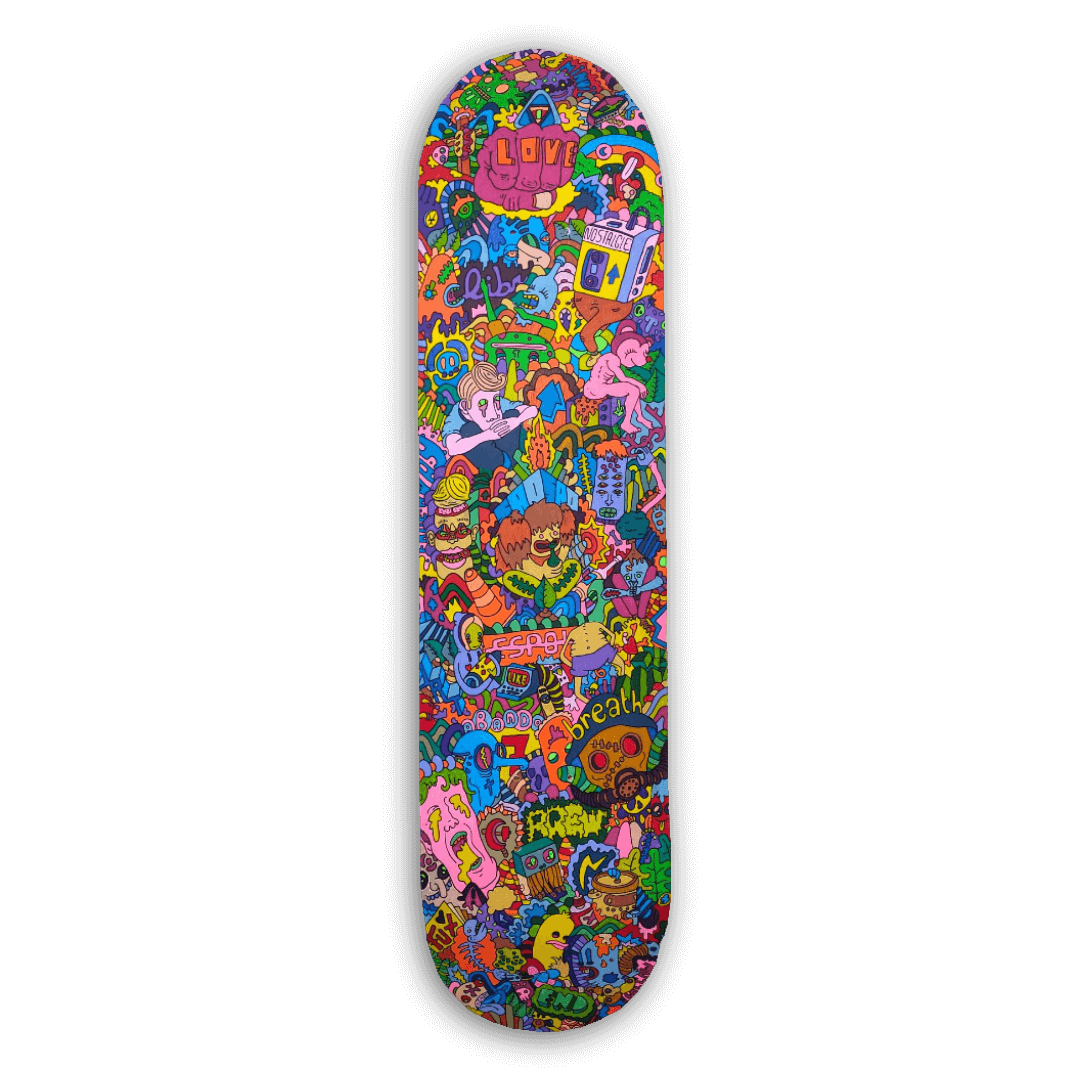 photo d'une oeuvre artistique de Thomas Pestre réalisée sur un skateboard